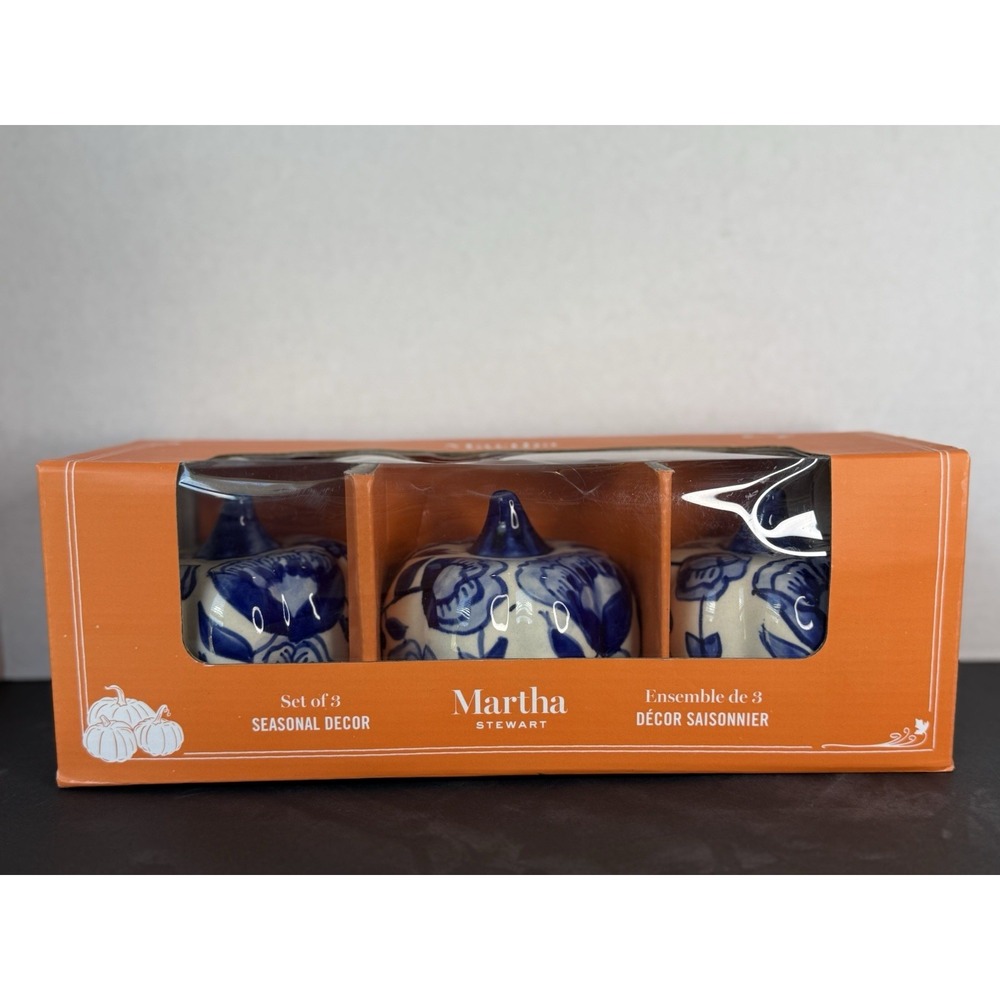 Martha Stewart Chinoiserie, Delft Inspired Pumpkins Harvest Fall Decor Set 3 NEW